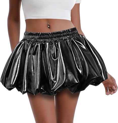 Perfashion Bubble Skirt for Women Metallic Puff Balloon Mini Skorts Rave Sexy Club Outfits with Shorts in Kuwait
