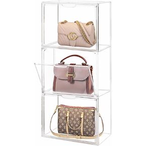WMM Purse Storage Organizer for Closet, 3 Packs Plastic Acrylic Clear Handbag Purse Shoes Book Figure Toy Display Case, Storage Bins for Cosmetic, Stackable Magnetic Drop Front Storage Organizer