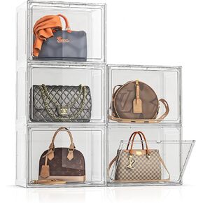 Large Purse Organizer for Closet, 5 Pack Handbag Purse Storage Organizer, Clear Display Case with Magnetic Door, Bag Organizer, Plastic Storage Bins for Collectibles, Books, Toys, Cosmetic, White
