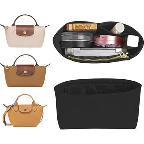 Felt Purse Organizer Insert for Longchamp Mini bag Wihte Zipper Insert (Zipper Beige, Mini)