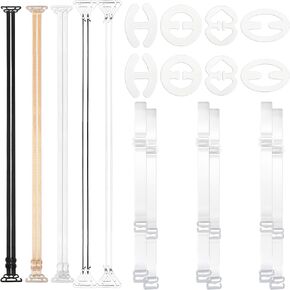 6 Pcs Clear Bra Straps 10 Pcs White Bra Strap Replacement Thin Non-Slip Bras Shoulder Straps Replacement, 8 Pieces Clips to Make Racerback, Black Nude