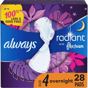 Always Radiant Feminine Pads for Women, Flexfoam Pads with Wings, Size 4, Overnight Absorbency, Lightly Scented, 60 Count (Packaging May Vary)