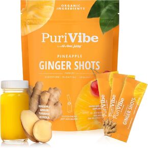 All About Juicing PuriVibe Ginger Shots | Superfood Juice Powder, Wellness Shots Supplement - Supports Immunity and Digestion - with Pineapple, Turmeric & Acerola Cherry - 15 Stick Packs