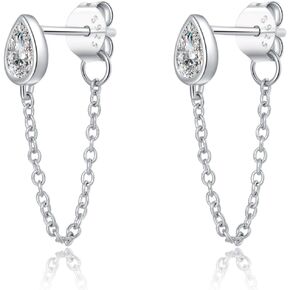 SLUYNZ Sterling Silver CZ Teardrop Chain Dangle Earrings for Women Teens Minimalist Droplet Earrings Tassel Studs Chain