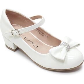 LseLom Girls White Dress Shoes Mary Jane Shoes for Girls Low Heel Hook and Loop Bowknot Flats for School Wedding Party