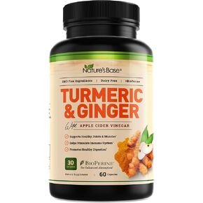 Nature's Base Turmeric Curcumin Supplement - with Ginger, Apple Cider Vinegar, & BioPerine Black Pepper Extract - 95% Curcuminoids - 60 Capsules