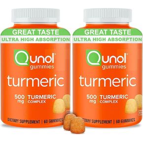 Qunol Turmeric Gummies ، gummy مع 500 ملغ من الكركمين الكركمين ، ملحق دعم المفصل ، الكركمين ذو الامتصاص العالي للغاية ، نباتي ، خالي من الغلوتين ، شهرين ، 120 عدد