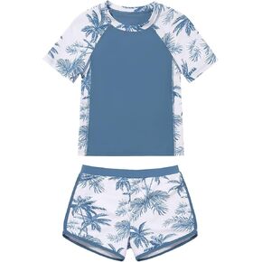 ESHOO Girls Rash Guard Swimsuit Kids 2-Piece Bathing Suit UPF 50+ Summer Beach Swimwear for Teen Girls Swim Shirt Shorts Set