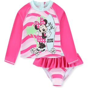 Disney Girls Minnie Mouse UPF 50+ Long Sleeve Rash Guard and Bikini Bottom 2-Piece Swimsuit Set for Toddler and Big Kids