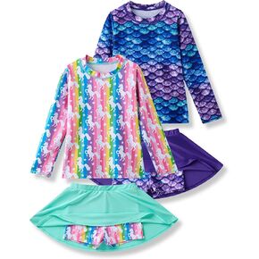 2 Pack: Girls Rash Guard Two Piece Bathing Suit Long Sleeve Swimsuit - Toddler Swimwear with Skirts Shorts 3T-12Y