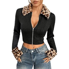Milumia Women's Leopard Print Y2k Crop Jacket Faux Fur Trim Coat Outwear Clubwear