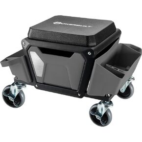Powerbuilt Rolling Work Seat Brake Stool with 4-inch Rubber Lockable Wheels, Big Seating Platform, Tool Trays and Drawer 330 lb. Capacity, Mechanics, Gardening, Garage - 941881ECE, Grey