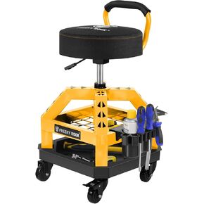 Rolling Shop Stool with Wheels, Heavy Duty Garage Work Mechanic Stool with Backrest, Adjustable Height 360°Swivel Rolling Chair with Tool Tray Storage, 330 LBS Capacity, Yellow