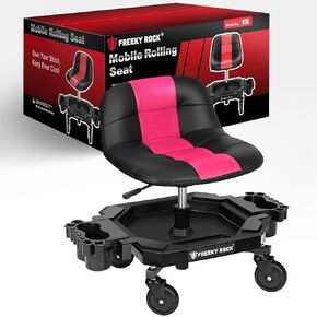 Rolling Stool with Wheels, Adjustable Height Pneumatic Garage Work Mechanic Stool Seat with Backrest, 400 LBS Capacity 360° Swivel Mechanic Crepper Chair with Tool Tray Storage, Red