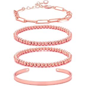 Starain Rose Gold Beaded Bracelets for Women 18K Gold Plated Beaded Ball Stackable Stretch Bracelet Gold Cuff Bangle Set