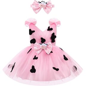 IMEKIS Toddler Girls Tulle Dress Headband Strawberry Cow Tutu Birthday Party Outfit Cake Smash Photo Shoot 1-6T
