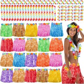 Jecery 20 Pcs Grass Skirts Hawaiian Luau Hula Skirts with 20 Leis 40 Bracelets 20 Necklaces for Women Adult Tropical Beach Holiday Hawaiian Luau Party Decorations in Kuwait