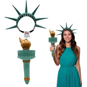 Statue of Liberty Crown and Torch Set Adult Lady Liberty Costume Accessory for Halloween Independence Day School Events and Parades Patriotic 7-Spike Headband and 15-Inch Lightweight Torch Prop