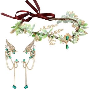 Zeyune Halloween Elves Cosplay Set Fairy Flower Crown Headpiece Elf Ears Cuffs Renaissance Leaf Elves Wings Cuff Cuff