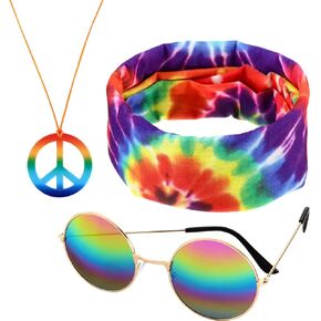 Frienda 3 Pcs Hippie Accessories Costume 70s Tie Dye Rainbow Leopard Outfits, Hippie Headbands for Men Peace Sign Necklace Sunglasses, Rainbow Style