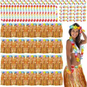 Jecery 20 Pcs Grass Skirts Hawaiian Luau Hula Skirts with 20 Leis 40 Bracelets 20 Necklaces for Women Adult Tropical Beach Holiday Hawaiian Luau Party Decorations