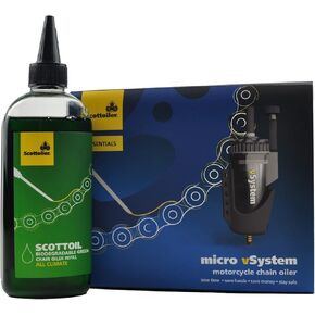 Scottoiler Essentials - Micro -Vsystem - زيت سلسلة الدراجات النارية الأوتوماتيكية و 8.4 US FL.OZ. جميع المناخ القابل للتحلل البيولوجي scottoil إعادة ملء - حزمة مجموعة المبتدئين