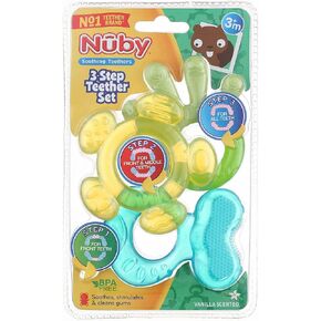 Nuby 3 Step Soothing Teether 3 Piece Set- Front, Middle, Back Teeth Teething- Pink/Purple, 3 m+ in Kuwait