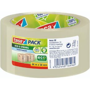 Tesapack Eco & Strong - شريط تعبئة صديق للبيئة مصنوع من البلاستيك المعاد تدويره 100 ٪ ، مقاوم للأشعة فوق البنفسجية ومقاومة للعمر - شفاف - 66 م × 50 مم