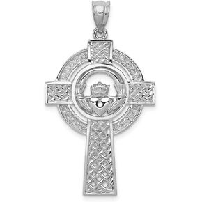 Solid 14k White Gold Celtic Irish Claddagh Cross Pendant Charm - 40mm x 22mm