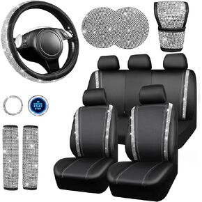 CAR PASS Bling Diamond Leather Car Seat Covers Sets 11 pcs, Bling Car Accessories for Women, Sparkly Rhinestone Steering Wheel Cover Sets, Glitter Cute Car Interior Sets for Women Girl, Silver Diamond