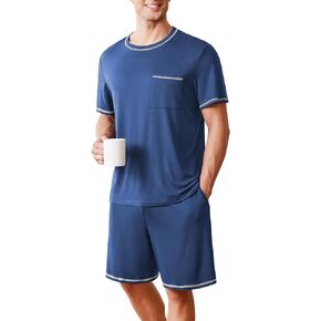 Ekouaer Men Pajamas مجموعة قمصان قصيرة الأكمام قصيرة وسروال شورت ناعم 2 قطعة مع جيوب