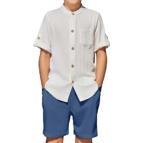 Arshiner Boy's 2 Piece Beach Outfit Short Sleeve Textured Button Down Shirt and Short Sets Summer Vacation Wear 5-12 Years