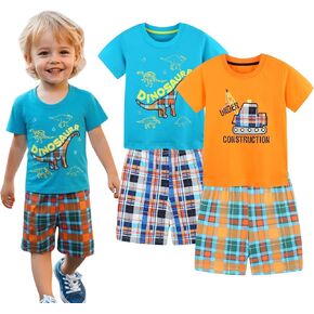 HILEELANG Toddler Boy Short Sets Summer Easter Outfit Cotton Tees Plaid Shorts Clothing 4PC Sets