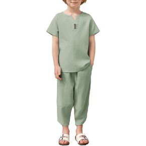 Arshiner Boy's 2 Pieces Clothes Set Henley Shirt Short Sleeve and Harem Capri Pants Wide Leg Baggy Summer Beach Outfits
