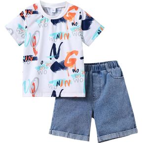 Toddler Boy Shorts Sets -Letter Graphic Print Short Sleeve T Shirt Top and Denim Shorts Suits -Boy Summer Outfits