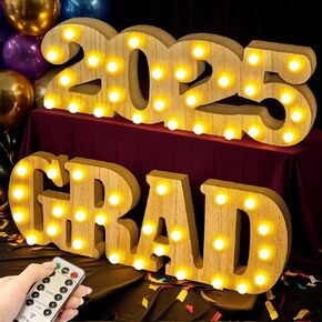 TonJin 2025 Graduation Party Decorations, 2 Wooden LED Long Marquee Light Up Letters 'Grad' & '2025' with Remote, Class of 2025 Sign for Kindergarten, Preschool, High School & College Table Ornaments