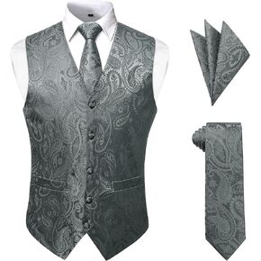 Enlision Mens Vest Tie Set Paisley Vest and Necktie Pocket Square 3pc Formal Dress Waistcoat for Suit or Tuxedo