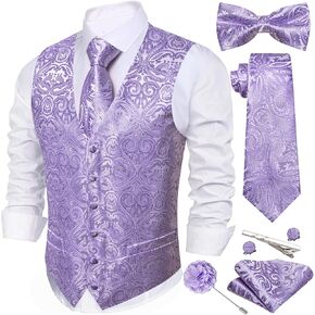 Barry.Wang Men's Suit Vest Tie and Bow Tie Set Formal Solid Paisley Handkerchief Cufflink Woven Wedding Party Waistcoat
