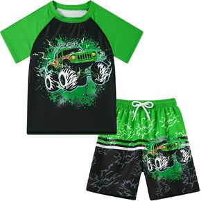 Boys Short Sleeve Rash Guard Swimsuit Set with Swim Trunks for 4-12 Years