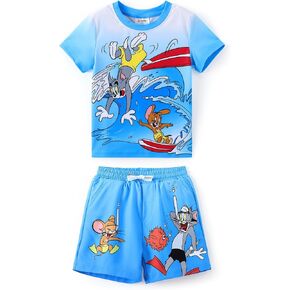WARNER BROS Tom and Jerry UPF 50+ Short Sleeve Rash Guard and Swim Trunks Set for Boys