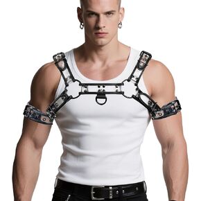 Men's PU Leather Harness & Adjustable Armband/Neckband Set - Transparent Textured Design, Handcrafted Accessory