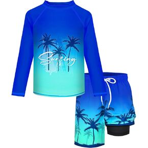 Boys Rash Guard Swim Set with Swim Trunks Bathing Suit Long Sleeve Swim Shirt Quick Dry Swimsuit Kids Swimwear Size 7-16
