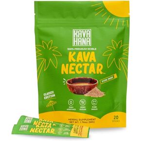 Kava Nectar Classic Ceremonial Grade Noble Kava Nectar Powder Stick Packs Promotes Social Uplift, Relaxation & Stress Support, Instant Kava Dried Kava Juice: 20 All-Natural Sticks