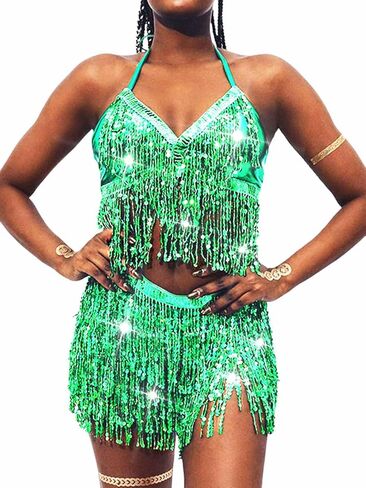 EARENT Belly Dance Sequin Skirt Sparkly Rave Fringe Top Set for Women in Kuwait