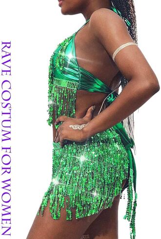 EARENT Belly Dance Sequin Skirt Sparkly Rave Fringe Top Set for Women in Kuwait