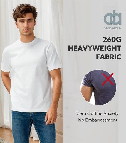 DAVID ARCHY Men's Heavyweight T-Shirt 260g Cotton Sorona Moisture-Wicking Shirts Stretch Side Slit Tees for Men 1-Pack in Kuwait