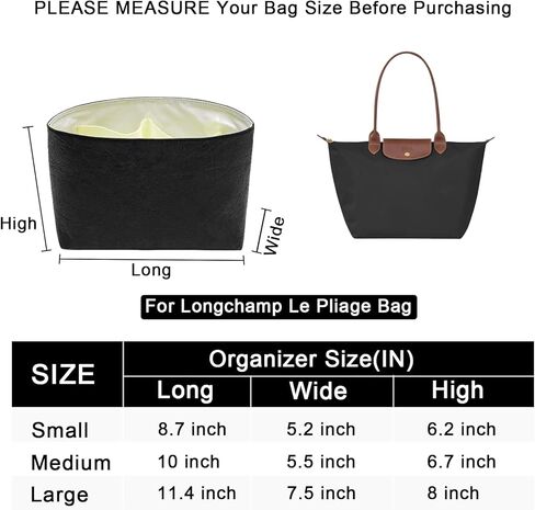 Waterproof Purse Organizer Insert for Longchamp le Pliage Large Handbags Insert DupontPaper Lightweight with YKK Zipper (Black, Large) in Kuwait
