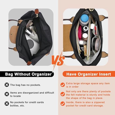 Waterproof Purse Organizer Insert for Longchamp le Pliage Large Handbags Insert DupontPaper Lightweight with YKK Zipper (Black, Large) in Kuwait