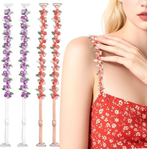 2Pairs Floral Bra Straps for Women Removable Invisible Decorative Cute Flower Lace Strap Replacement Non Slip Bra Strap in Saudi Arabia
