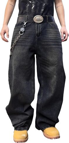 Mens Streetwear Hip Hop Baggy Jeans Wide Leg Skater Denim Pants Loose Long Trousers in Kuwait